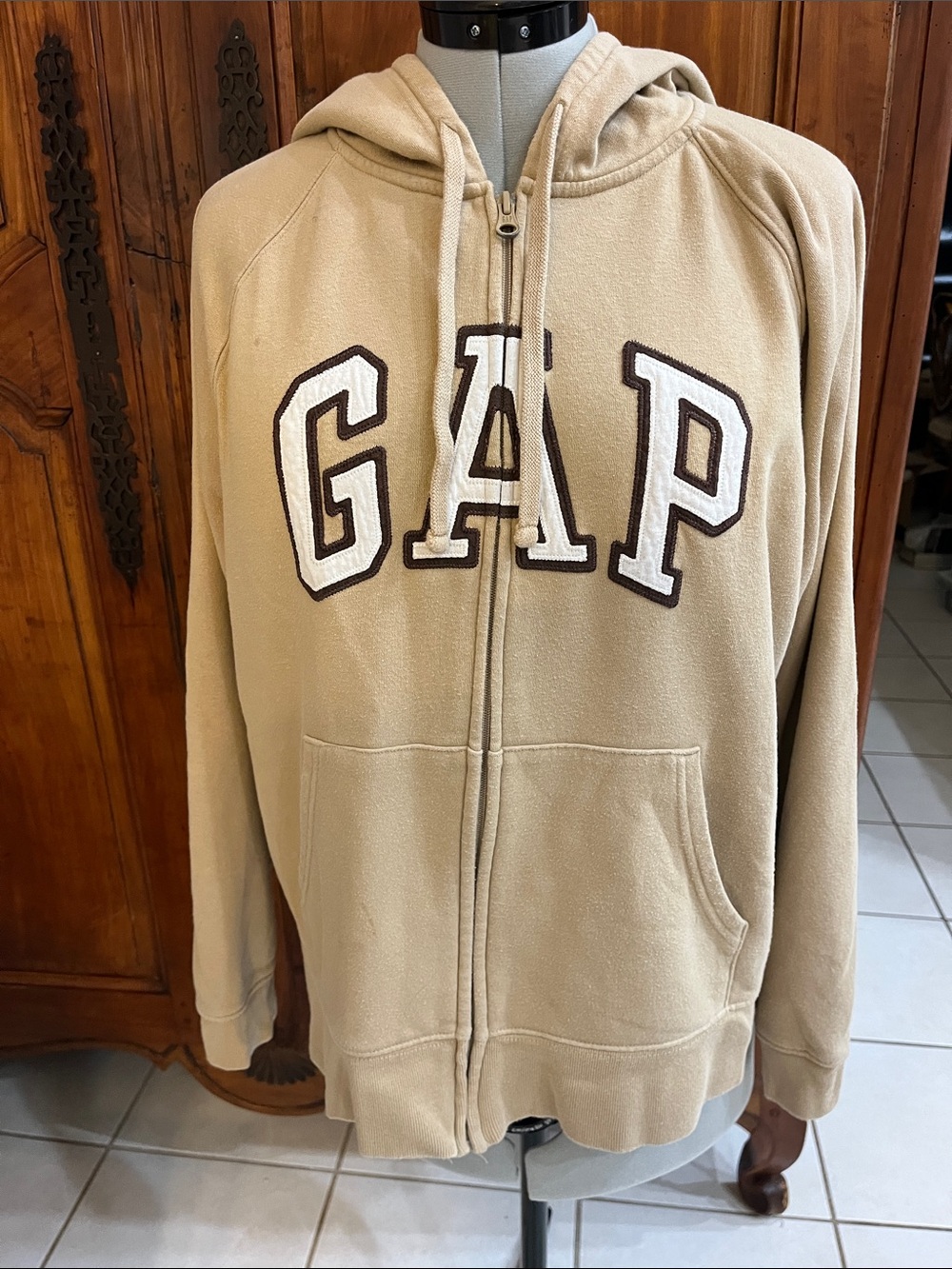 GAP Tan Fleece Zip Hoodie with White Logo Trim